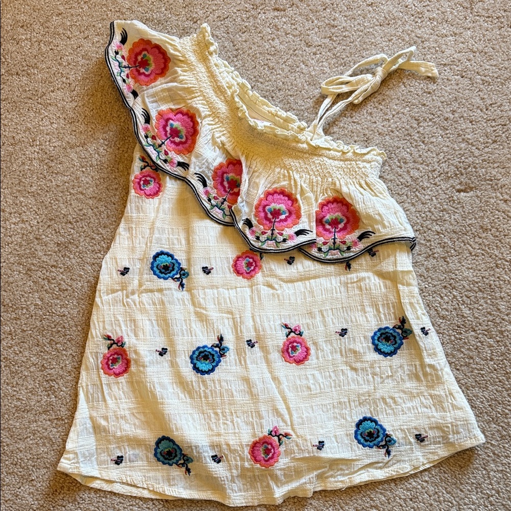 Anthropologie Girls' Cream One-Shoulder Floral Embroidered Top